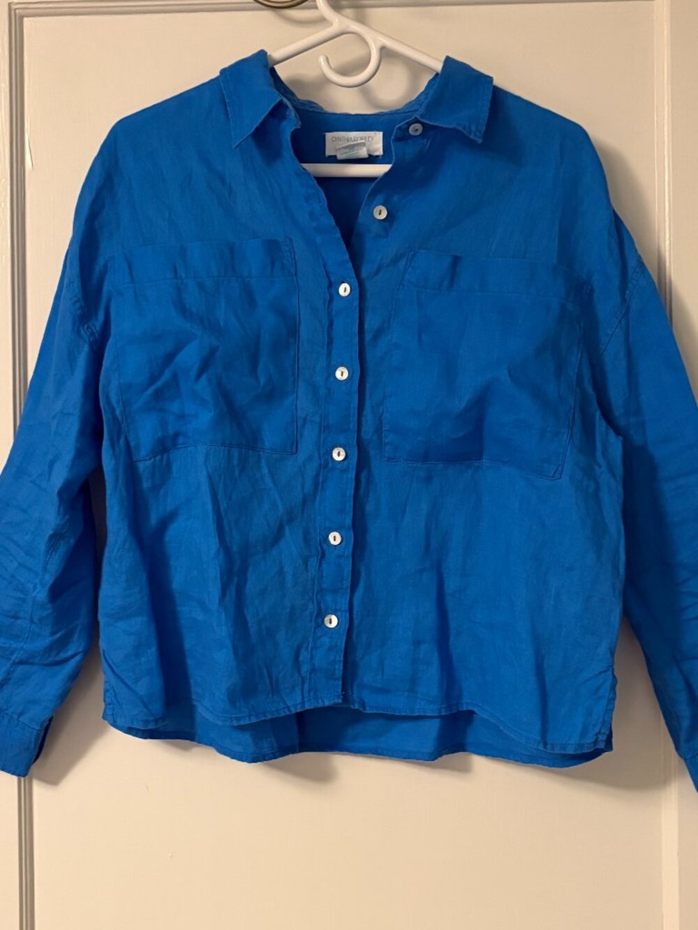 Cynthia Rowley 100% linen button up shirt boxy fit oversized pockets minimalist